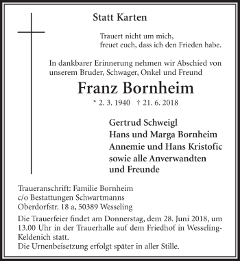 Anzeige von Franz Bornheim von  Schlossbote/Werbekurier 
