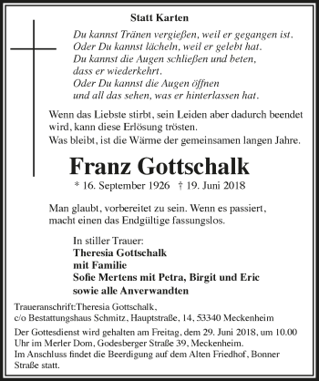 Anzeige von Franz Gottschalk von  Schaufenster/Blickpunkt 