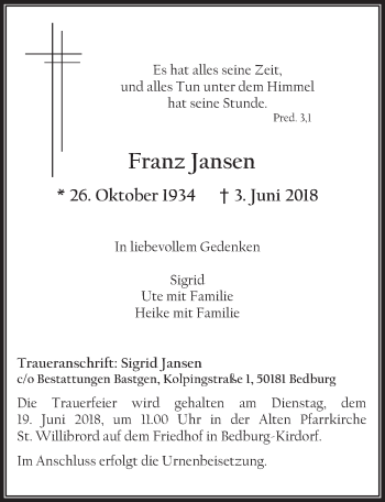 Anzeige von Franz Jansen von  Werbepost 