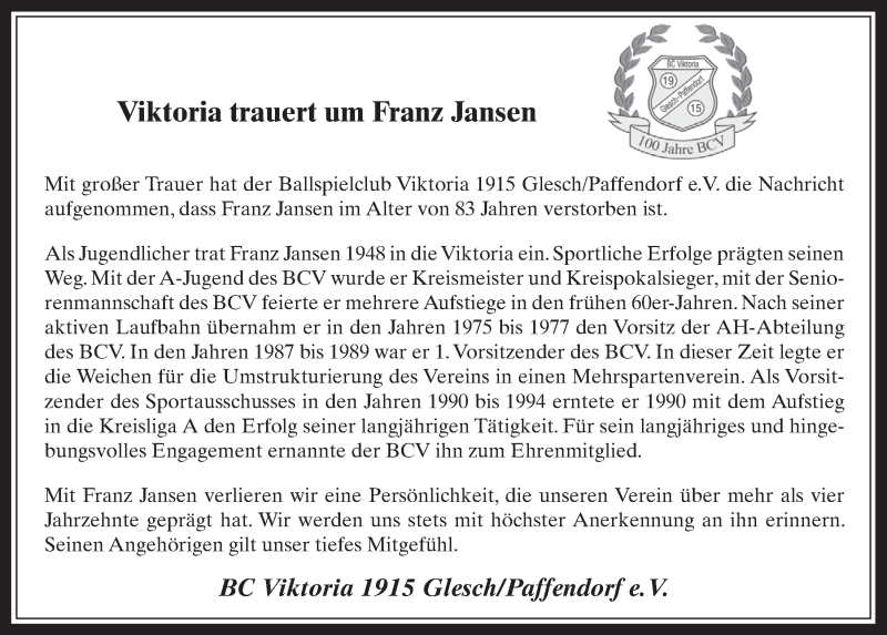  Traueranzeige für Franz Jansen vom 20.06.2018 aus  Werbepost 