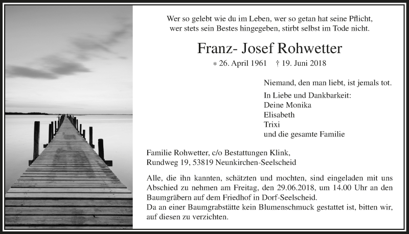  Traueranzeige für Franz- Josef Rohwetter vom 27.06.2018 aus  Extra Blatt 