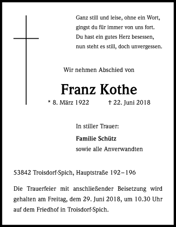 Anzeige von Franz Kothe von Kölner Stadt-Anzeiger / Kölnische Rundschau / Express