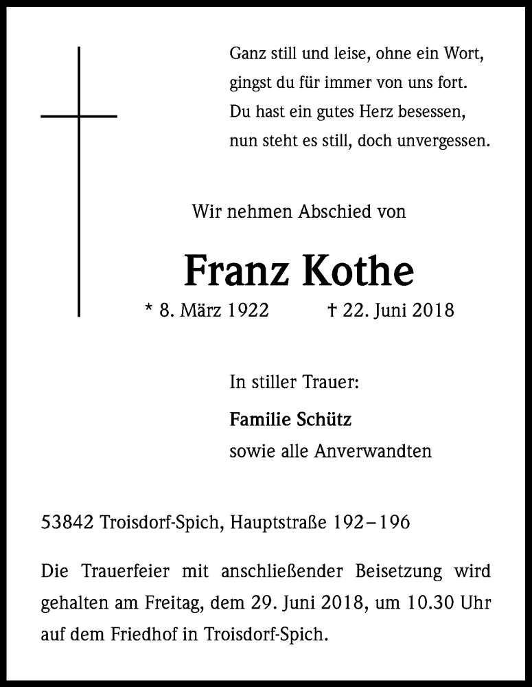  Traueranzeige für Franz Kothe vom 27.06.2018 aus Kölner Stadt-Anzeiger / Kölnische Rundschau / Express