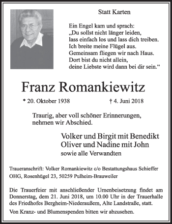 Anzeige von Franz Romankiewitz von  Sonntags-Post 
