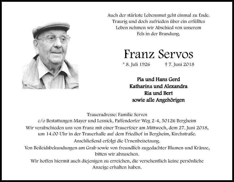  Traueranzeige für Franz Servos vom 23.06.2018 aus Kölner Stadt-Anzeiger / Kölnische Rundschau / Express