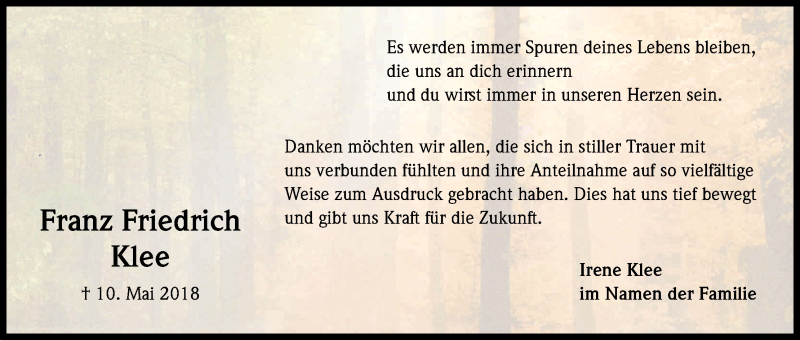  Traueranzeige für Franz Friedrich Klee vom 23.06.2018 aus Kölner Stadt-Anzeiger / Kölnische Rundschau / Express
