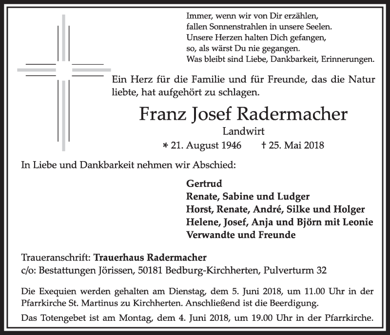 Traueranzeige für Franz Josef Rademacher vom 02.06.2018 aus  Sonntags-Post 