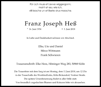 Anzeige von Franz Joseph Heß von Kölner Stadt-Anzeiger / Kölnische Rundschau / Express
