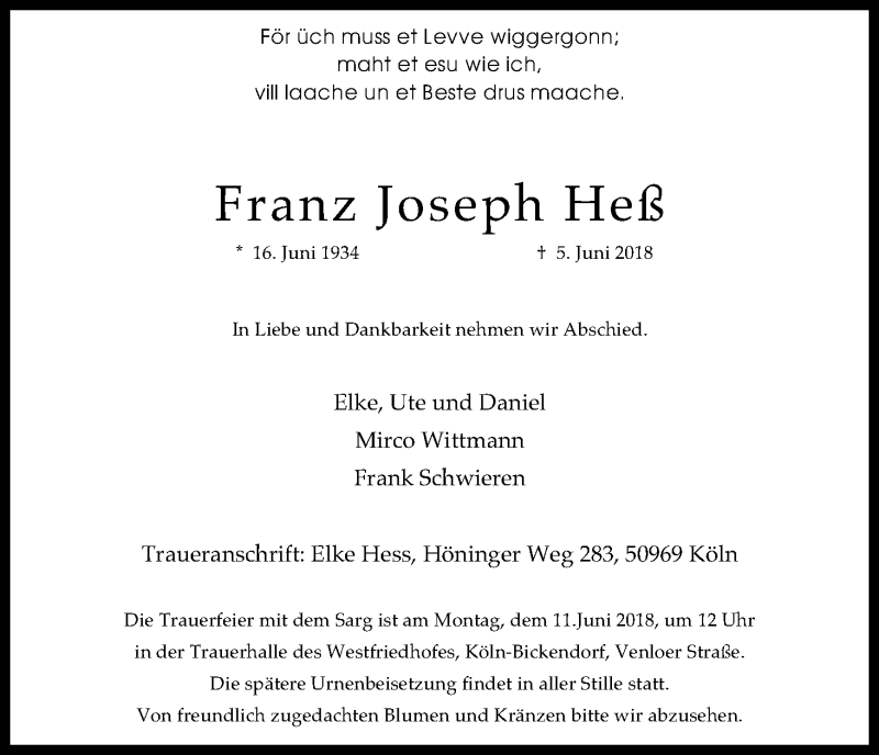  Traueranzeige für Franz Joseph Heß vom 09.06.2018 aus Kölner Stadt-Anzeiger / Kölnische Rundschau / Express
