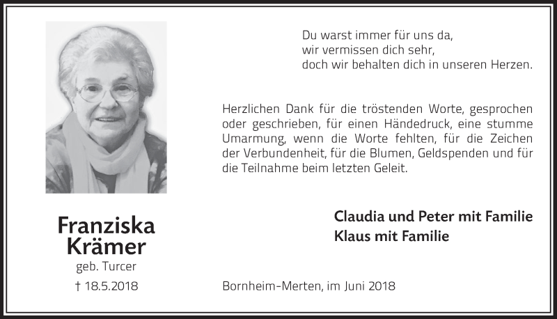  Traueranzeige für Franziska Krämer vom 13.06.2018 aus  Schlossbote/Werbekurier 
