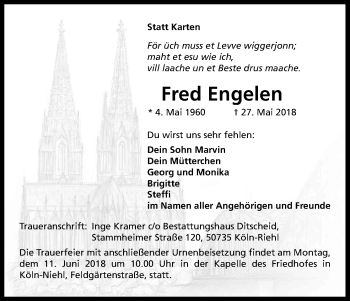 Anzeige von Fred Engelen von Kölner Stadt-Anzeiger / Kölnische Rundschau / Express