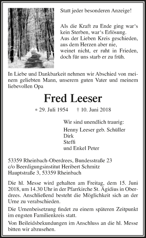  Traueranzeige für Fred Leeser vom 13.06.2018 aus  Schaufenster/Blickpunkt 