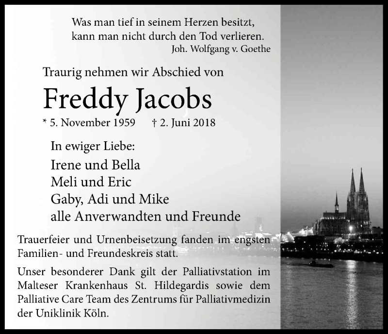 Traueranzeige für Freddy Jacobs vom 16.06.2018 aus Kölner Stadt-Anzeiger / Kölnische Rundschau / Express