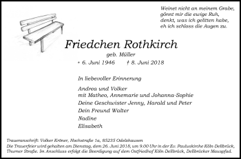 Anzeige von Friedchen Rothkirch von Kölner Stadt-Anzeiger / Kölnische Rundschau / Express