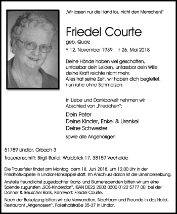 Anzeige von Friedel Courte von Kölner Stadt-Anzeiger / Kölnische Rundschau / Express