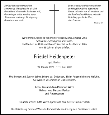 Anzeige von Friedel Heidenpeter von Kölner Stadt-Anzeiger / Kölnische Rundschau / Express