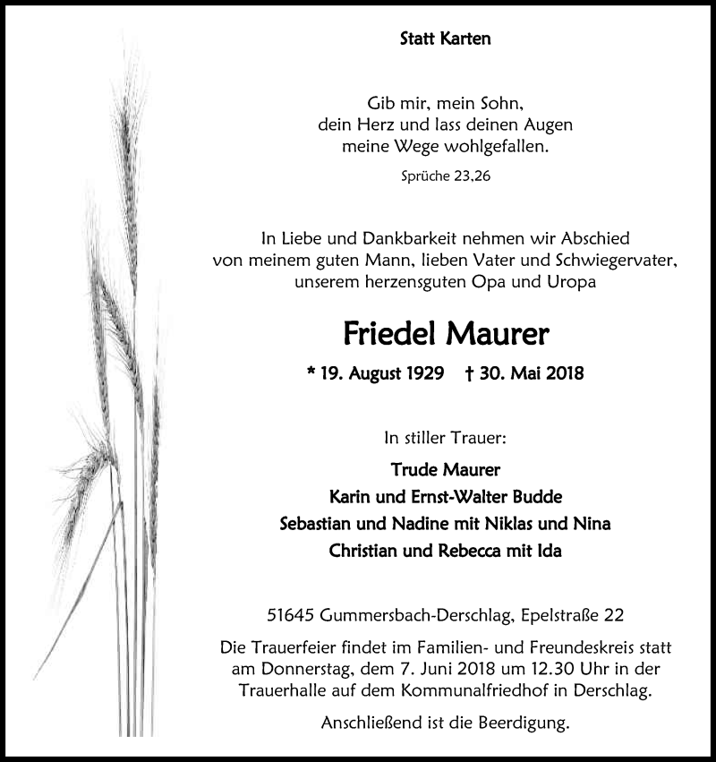  Traueranzeige für Friedel Maurer vom 05.06.2018 aus Kölner Stadt-Anzeiger / Kölnische Rundschau / Express