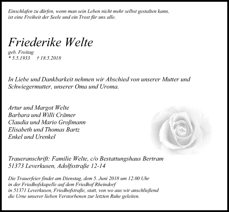  Traueranzeige für Friederike Welte vom 02.06.2018 aus Kölner Stadt-Anzeiger / Kölnische Rundschau / Express