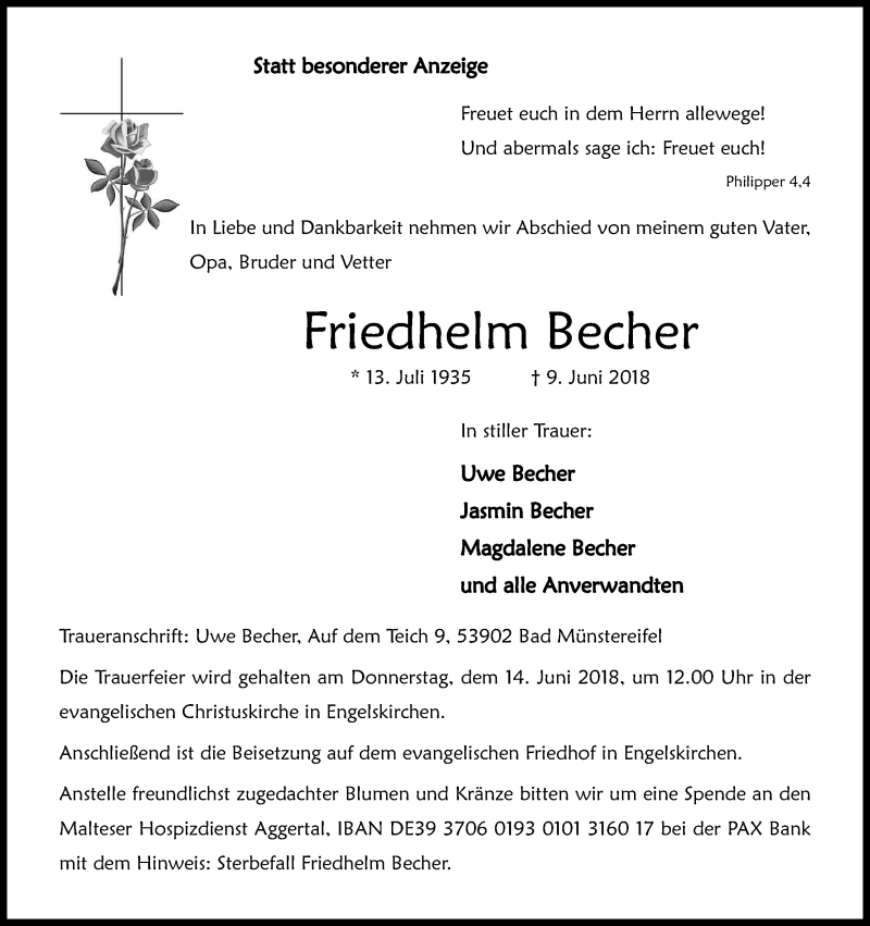  Traueranzeige für Friedhelm Becher vom 12.06.2018 aus Kölner Stadt-Anzeiger / Kölnische Rundschau / Express