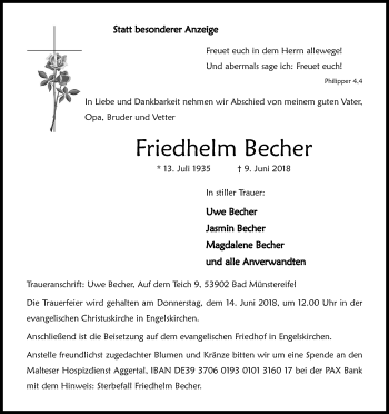 Anzeige von Friedhelm Becher von Kölner Stadt-Anzeiger / Kölnische Rundschau / Express