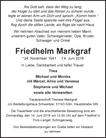 Anzeige von Friedhelm Markgraf von  Kölner Wochenspiegel 