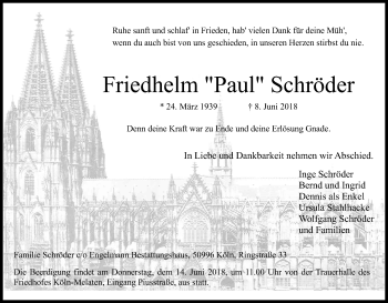 Anzeige von Friedhelm Schröder von Kölner Stadt-Anzeiger / Kölnische Rundschau / Express