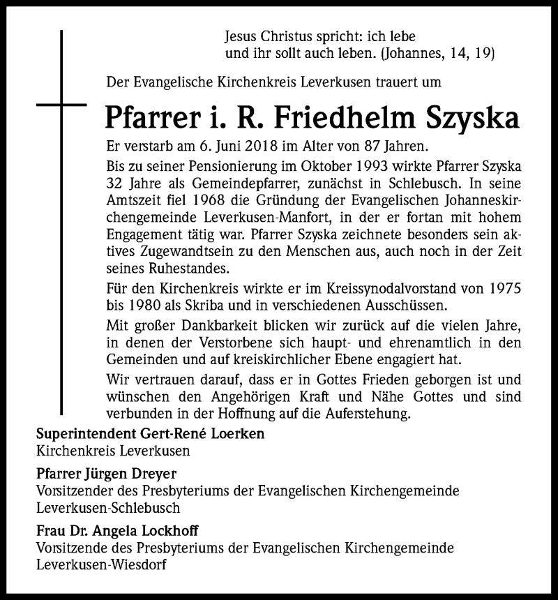  Traueranzeige für Friedhelm Szyska vom 16.06.2018 aus Kölner Stadt-Anzeiger / Kölnische Rundschau / Express