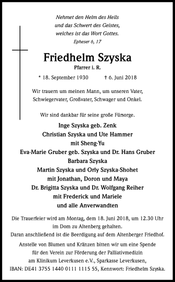 Anzeige von Friedhelm Szyska von Kölner Stadt-Anzeiger / Kölnische Rundschau / Express