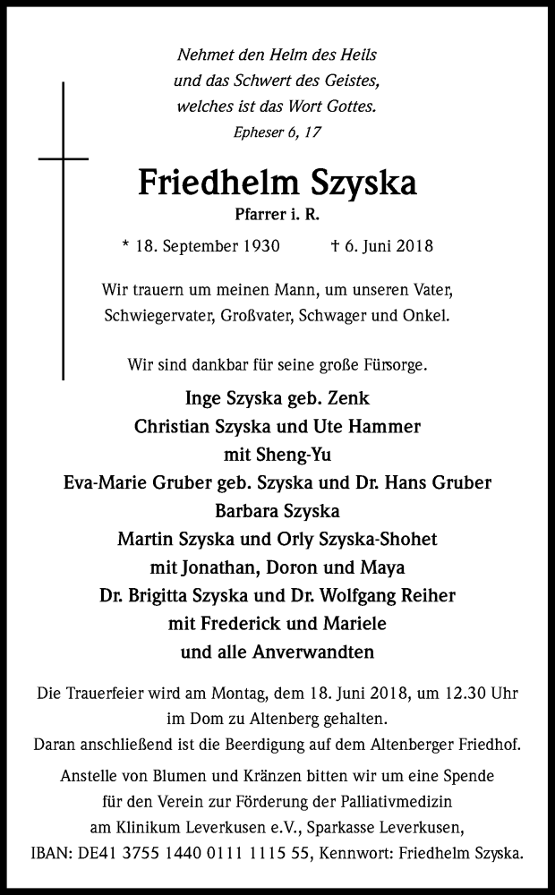  Traueranzeige für Friedhelm Szyska vom 13.06.2018 aus Kölner Stadt-Anzeiger / Kölnische Rundschau / Express