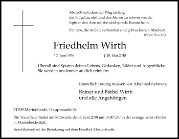 Anzeige von Friedhelm Wirth von Kölner Stadt-Anzeiger / Kölnische Rundschau / Express