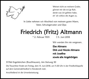 Anzeige von Friedrich Altmann von Kölner Stadt-Anzeiger / Kölnische Rundschau / Express