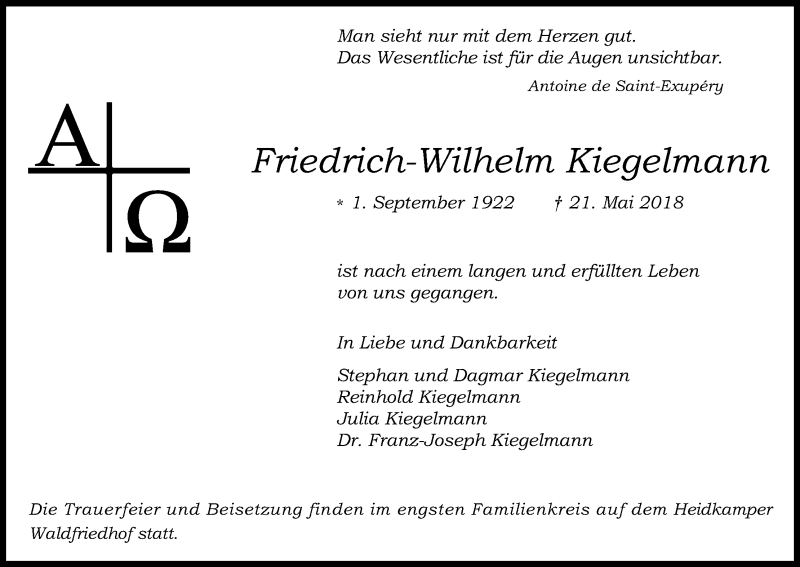  Traueranzeige für Friedrich-Wilhelm Kiegelmann vom 02.06.2018 aus Kölner Stadt-Anzeiger / Kölnische Rundschau / Express