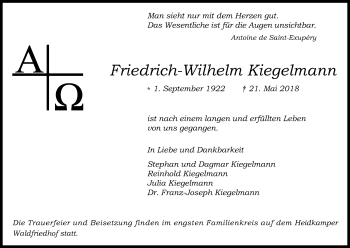 Anzeige von Friedrich-Wilhelm Kiegelmann von Kölner Stadt-Anzeiger / Kölnische Rundschau / Express