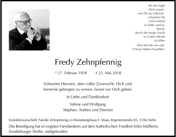 Anzeige von Friedrich Zehnpfennig von Kölner Stadt-Anzeiger / Kölnische Rundschau / Express