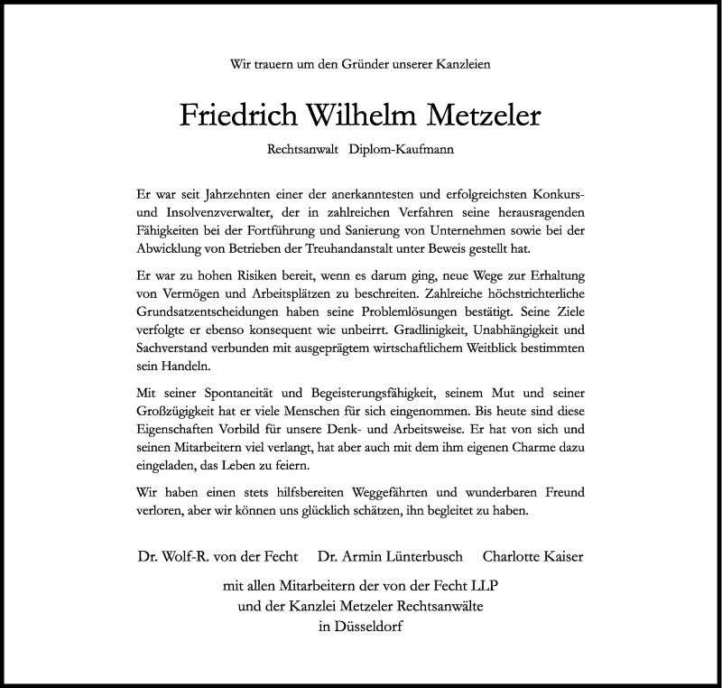  Traueranzeige für Friedrich Wilhelm Metzeler vom 09.06.2018 aus Kölner Stadt-Anzeiger / Kölnische Rundschau / Express
