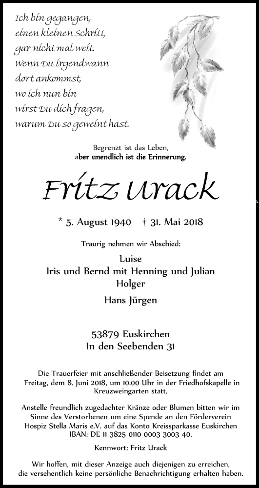  Traueranzeige für Fritz Urack vom 06.06.2018 aus Kölner Stadt-Anzeiger / Kölnische Rundschau / Express