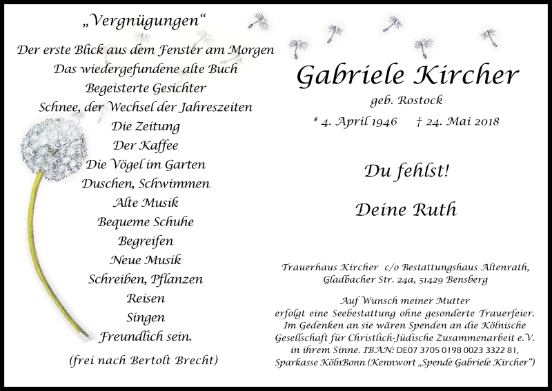  Traueranzeige für Gabriele Kircher vom 02.06.2018 aus Kölner Stadt-Anzeiger / Kölnische Rundschau / Express
