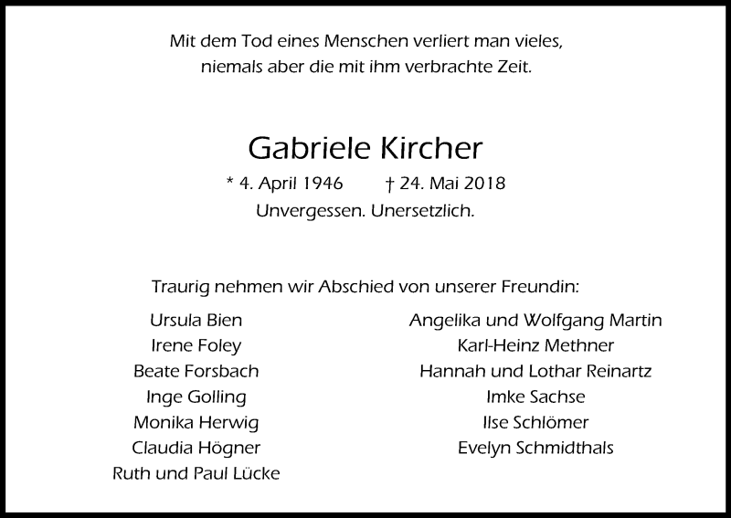  Traueranzeige für Gabriele Kircher vom 02.06.2018 aus Kölner Stadt-Anzeiger / Kölnische Rundschau / Express