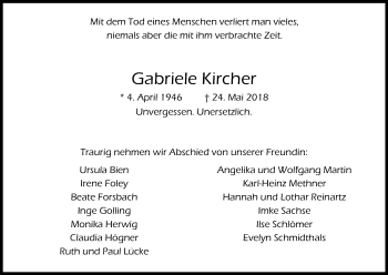 Anzeige von Gabriele Kircher von Kölner Stadt-Anzeiger / Kölnische Rundschau / Express