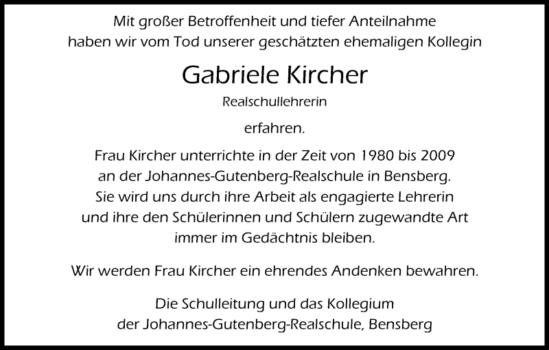  Traueranzeige für Gabriele Kircher vom 09.06.2018 aus Kölner Stadt-Anzeiger / Kölnische Rundschau / Express