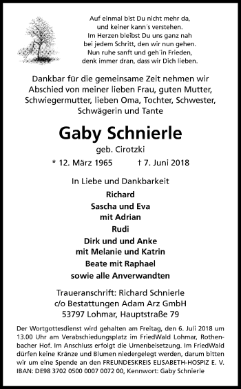 Anzeige von Gaby Schnierle von Kölner Stadt-Anzeiger / Kölnische Rundschau / Express