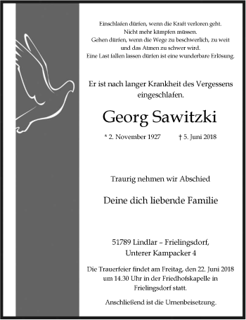 Anzeige von Georg Sawitzki von  Anzeigen Echo 
