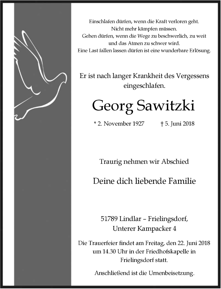  Traueranzeige für Georg Sawitzki vom 13.06.2018 aus  Anzeigen Echo 