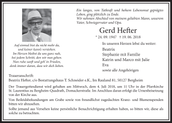 Anzeige von Gerd Hefter von  Sonntags-Post 