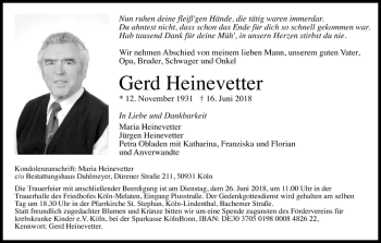 Anzeige von Gerd Heinevetter von Kölner Stadt-Anzeiger / Kölnische Rundschau / Express