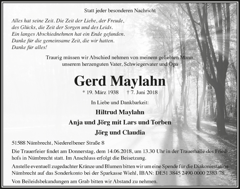  Traueranzeige für Gerd Maylahn vom 13.06.2018 aus  Lokalanzeiger 