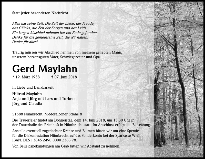  Traueranzeige für Gerd Maylahn vom 09.06.2018 aus Kölner Stadt-Anzeiger / Kölnische Rundschau / Express