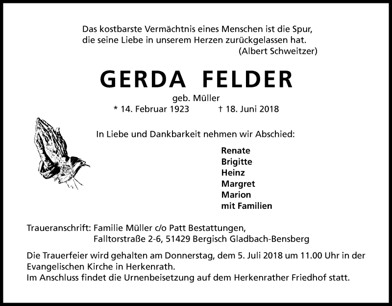  Traueranzeige für Gerda Felder vom 30.06.2018 aus Kölner Stadt-Anzeiger / Kölnische Rundschau / Express
