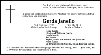 Anzeige von Gerda Janello von Kölner Stadt-Anzeiger / Kölnische Rundschau / Express