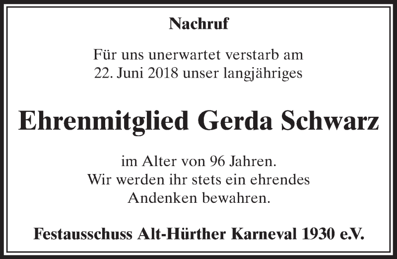  Traueranzeige für Gerda Schwarz vom 30.06.2018 aus  Sonntags-Post 